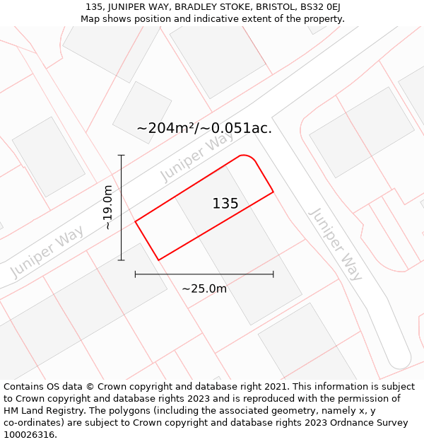 135, JUNIPER WAY, BRADLEY STOKE, BRISTOL, BS32 0EJ: Plot and title map