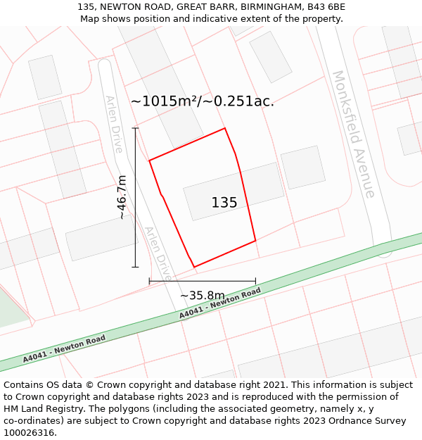 135, NEWTON ROAD, GREAT BARR, BIRMINGHAM, B43 6BE: Plot and title map