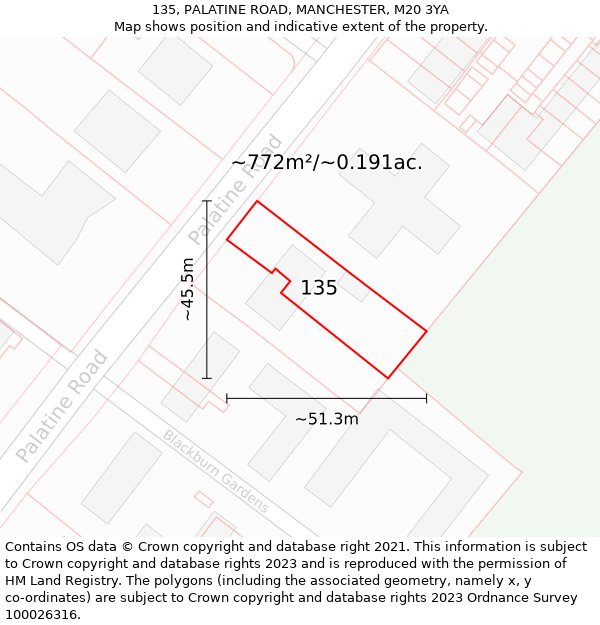 135, PALATINE ROAD, MANCHESTER, M20 3YA: Plot and title map