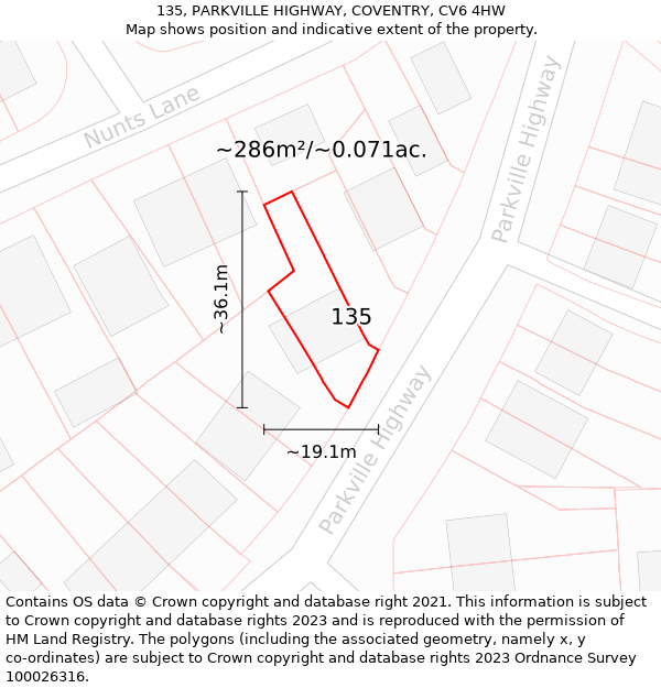 135, PARKVILLE HIGHWAY, COVENTRY, CV6 4HW: Plot and title map