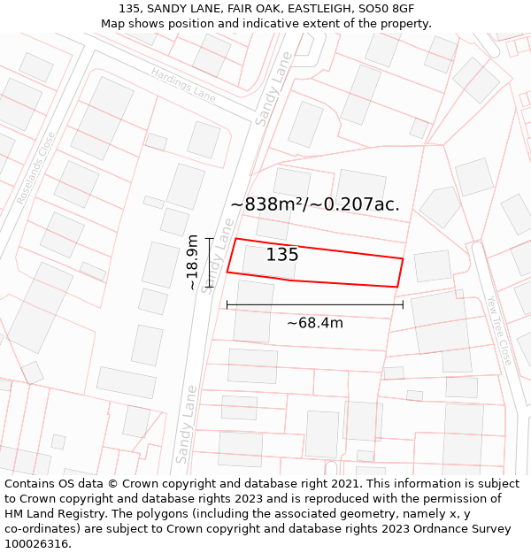 135, SANDY LANE, FAIR OAK, EASTLEIGH, SO50 8GF: Plot and title map