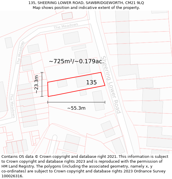 135, SHEERING LOWER ROAD, SAWBRIDGEWORTH, CM21 9LQ: Plot and title map