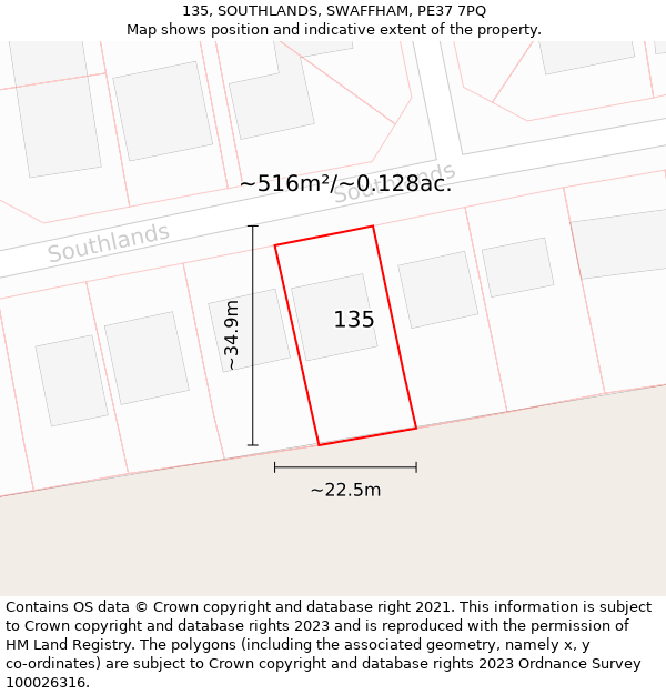 135, SOUTHLANDS, SWAFFHAM, PE37 7PQ: Plot and title map