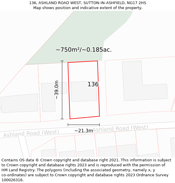 136, ASHLAND ROAD WEST, SUTTON-IN-ASHFIELD, NG17 2HS: Plot and title map