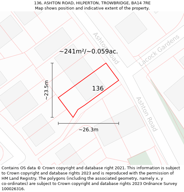 136, ASHTON ROAD, HILPERTON, TROWBRIDGE, BA14 7RE: Plot and title map