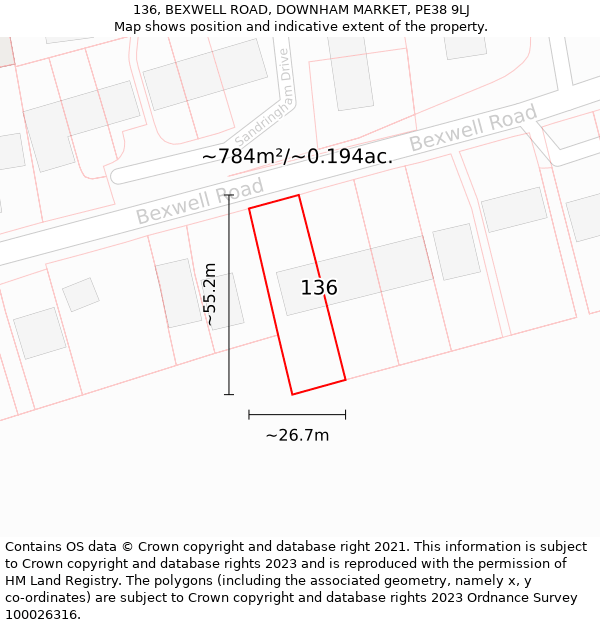 136, BEXWELL ROAD, DOWNHAM MARKET, PE38 9LJ: Plot and title map