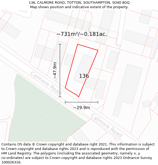 136, CALMORE ROAD, TOTTON, SOUTHAMPTON, SO40 8GQ: Plot and title map