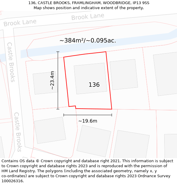 136, CASTLE BROOKS, FRAMLINGHAM, WOODBRIDGE, IP13 9SS: Plot and title map