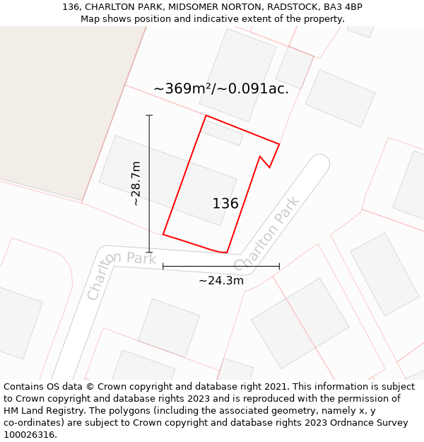 136, CHARLTON PARK, MIDSOMER NORTON, RADSTOCK, BA3 4BP: Plot and title map