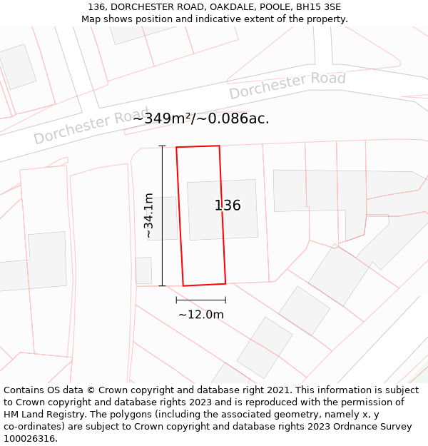 136, DORCHESTER ROAD, OAKDALE, POOLE, BH15 3SE: Plot and title map