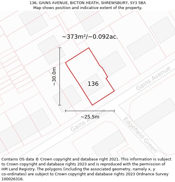 136, GAINS AVENUE, BICTON HEATH, SHREWSBURY, SY3 5BA: Plot and title map