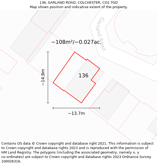 136, GARLAND ROAD, COLCHESTER, CO2 7GD: Plot and title map