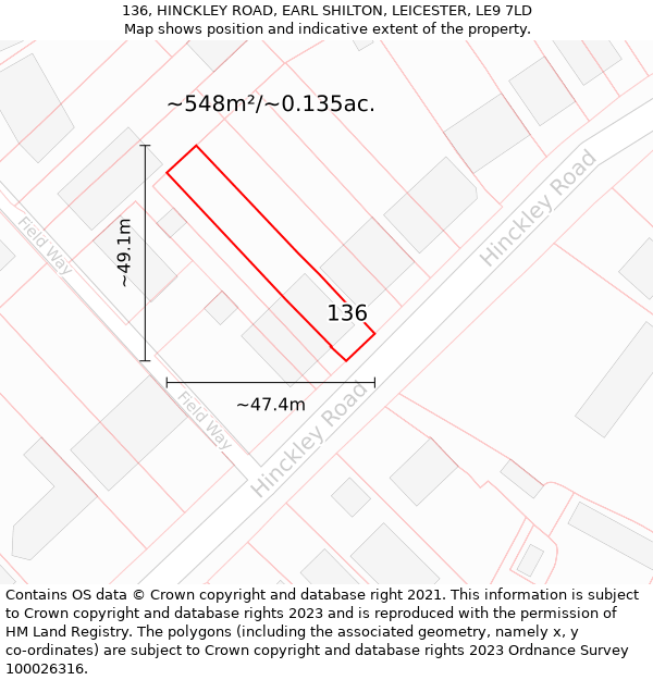 136, HINCKLEY ROAD, EARL SHILTON, LEICESTER, LE9 7LD: Plot and title map