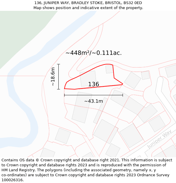 136, JUNIPER WAY, BRADLEY STOKE, BRISTOL, BS32 0ED: Plot and title map