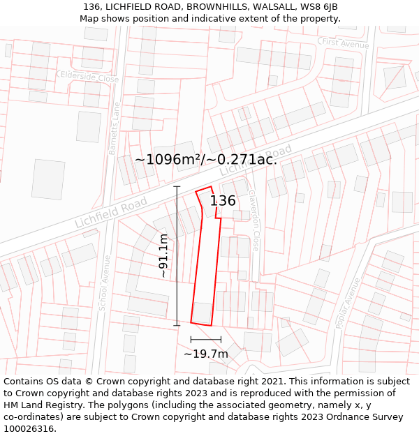 136, LICHFIELD ROAD, BROWNHILLS, WALSALL, WS8 6JB: Plot and title map