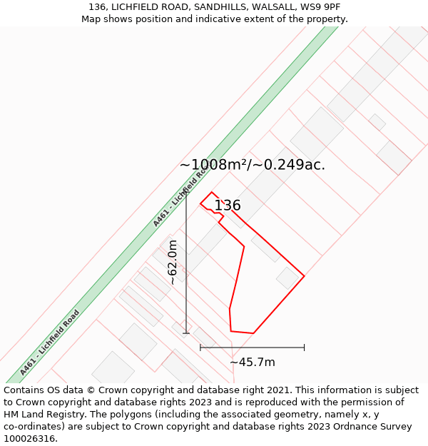 136, LICHFIELD ROAD, SANDHILLS, WALSALL, WS9 9PF: Plot and title map