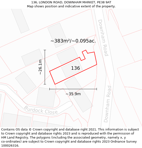 136, LONDON ROAD, DOWNHAM MARKET, PE38 9AT: Plot and title map