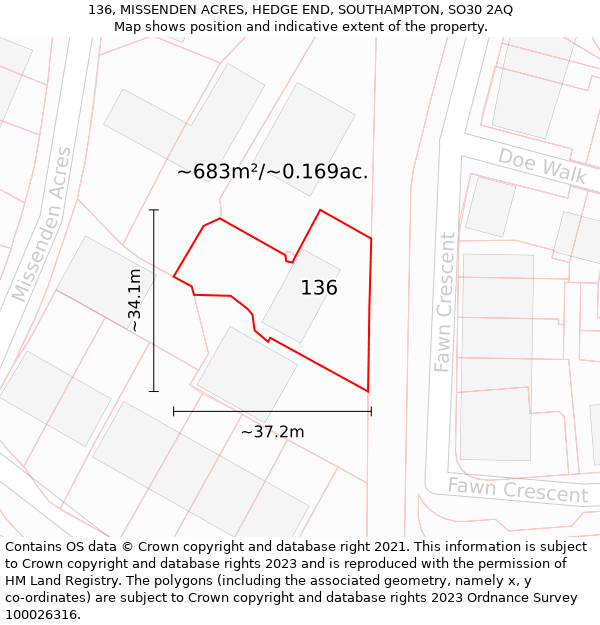 136, MISSENDEN ACRES, HEDGE END, SOUTHAMPTON, SO30 2AQ: Plot and title map