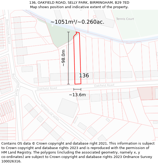 136, OAKFIELD ROAD, SELLY PARK, BIRMINGHAM, B29 7ED: Plot and title map