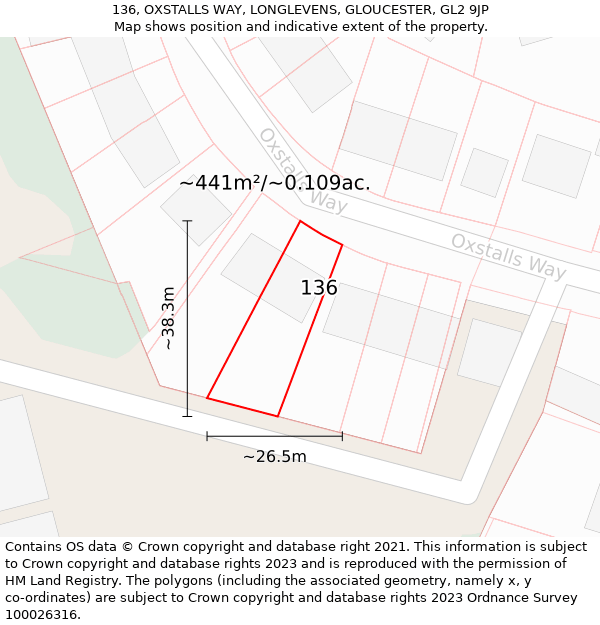 136, OXSTALLS WAY, LONGLEVENS, GLOUCESTER, GL2 9JP: Plot and title map