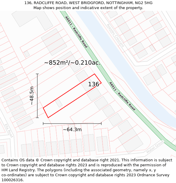 136, RADCLIFFE ROAD, WEST BRIDGFORD, NOTTINGHAM, NG2 5HG: Plot and title map