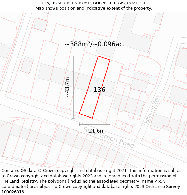 136, ROSE GREEN ROAD, BOGNOR REGIS, PO21 3EF: Plot and title map