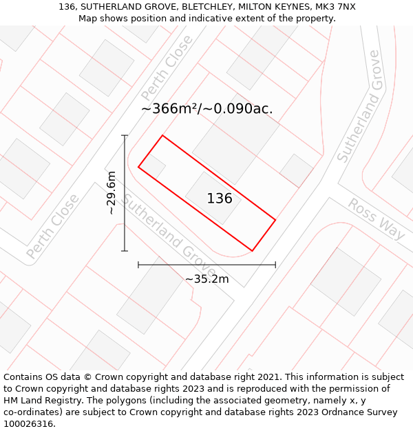 136, SUTHERLAND GROVE, BLETCHLEY, MILTON KEYNES, MK3 7NX: Plot and title map