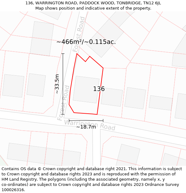 136, WARRINGTON ROAD, PADDOCK WOOD, TONBRIDGE, TN12 6JL: Plot and title map