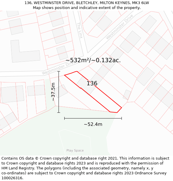 136, WESTMINSTER DRIVE, BLETCHLEY, MILTON KEYNES, MK3 6LW: Plot and title map