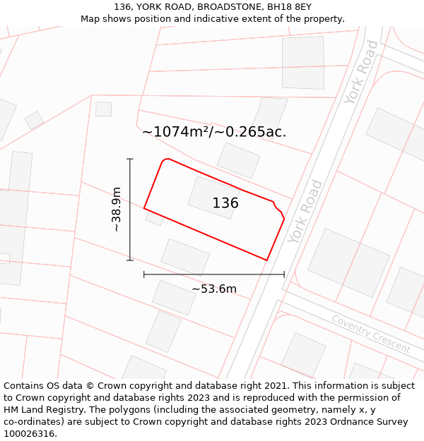 136, YORK ROAD, BROADSTONE, BH18 8EY: Plot and title map