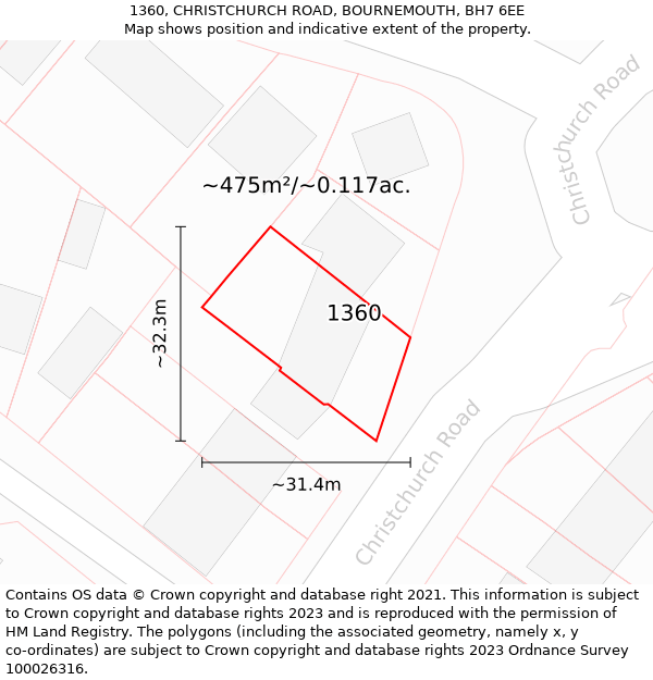 1360, CHRISTCHURCH ROAD, BOURNEMOUTH, BH7 6EE: Plot and title map