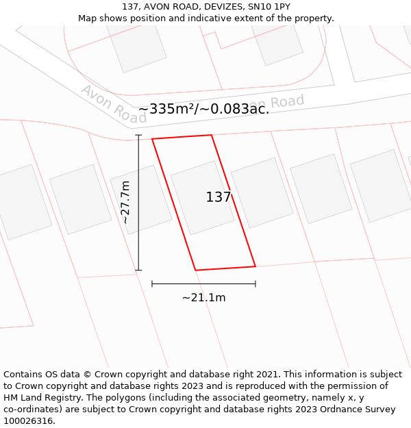 137, AVON ROAD, DEVIZES, SN10 1PY: Plot and title map