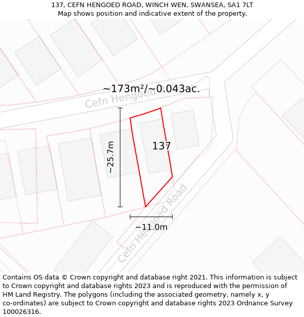 137, CEFN HENGOED ROAD, WINCH WEN, SWANSEA, SA1 7LT: Plot and title map