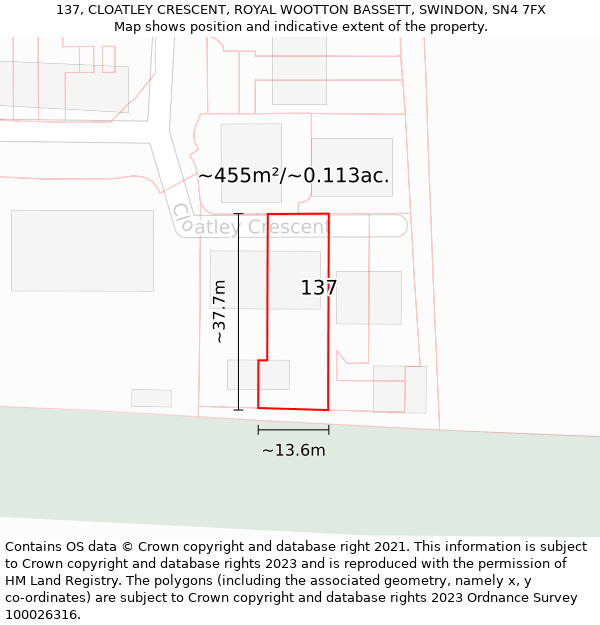 137, CLOATLEY CRESCENT, ROYAL WOOTTON BASSETT, SWINDON, SN4 7FX: Plot and title map