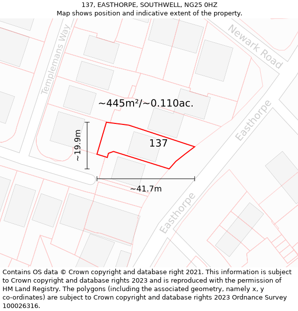 137, EASTHORPE, SOUTHWELL, NG25 0HZ: Plot and title map