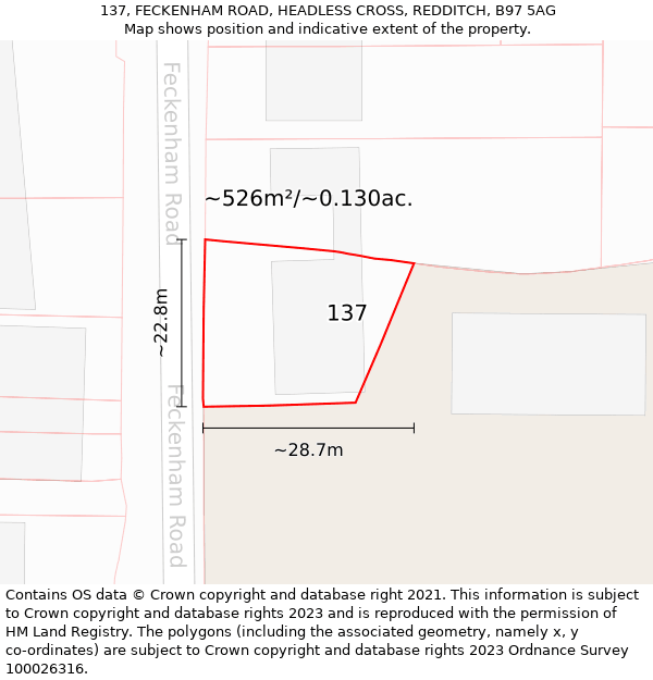 137, FECKENHAM ROAD, HEADLESS CROSS, REDDITCH, B97 5AG: Plot and title map