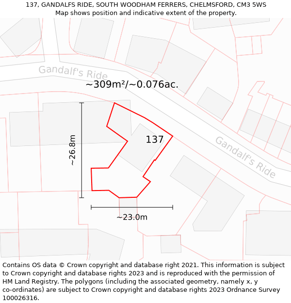 137, GANDALFS RIDE, SOUTH WOODHAM FERRERS, CHELMSFORD, CM3 5WS: Plot and title map