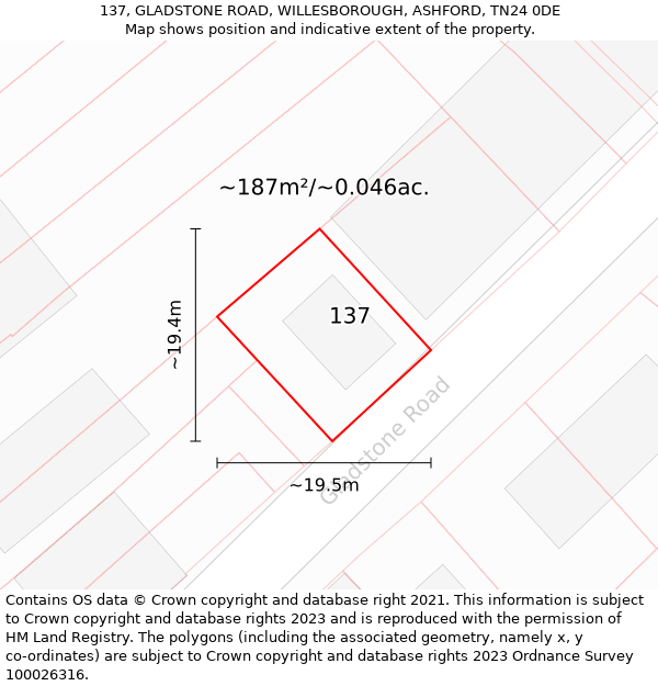 137, GLADSTONE ROAD, WILLESBOROUGH, ASHFORD, TN24 0DE: Plot and title map