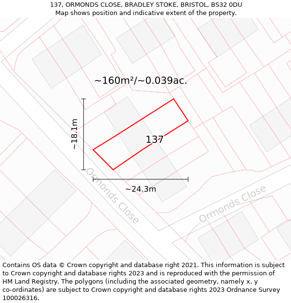 137, ORMONDS CLOSE, BRADLEY STOKE, BRISTOL, BS32 0DU: Plot and title map