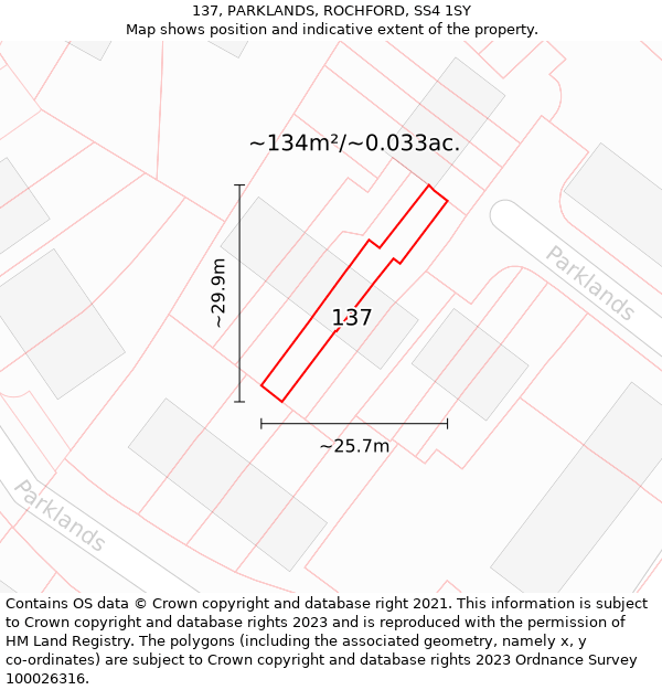 137, PARKLANDS, ROCHFORD, SS4 1SY: Plot and title map