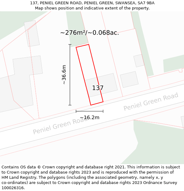 137, PENIEL GREEN ROAD, PENIEL GREEN, SWANSEA, SA7 9BA: Plot and title map