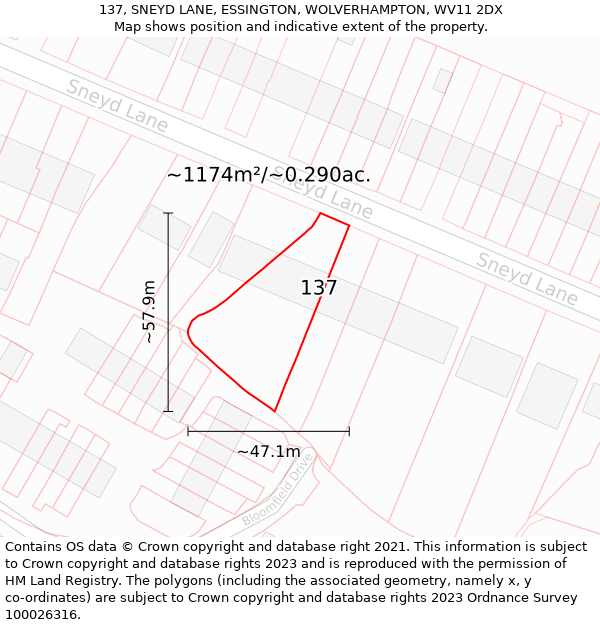 137, SNEYD LANE, ESSINGTON, WOLVERHAMPTON, WV11 2DX: Plot and title map