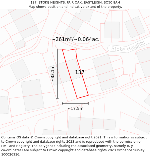 137, STOKE HEIGHTS, FAIR OAK, EASTLEIGH, SO50 8AH: Plot and title map