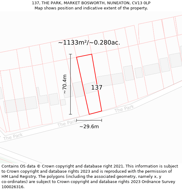137, THE PARK, MARKET BOSWORTH, NUNEATON, CV13 0LP: Plot and title map