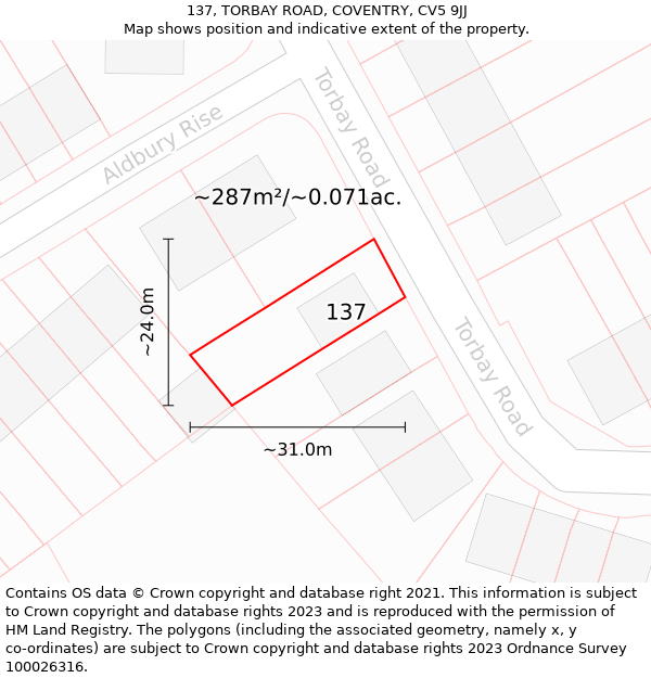 137, TORBAY ROAD, COVENTRY, CV5 9JJ: Plot and title map