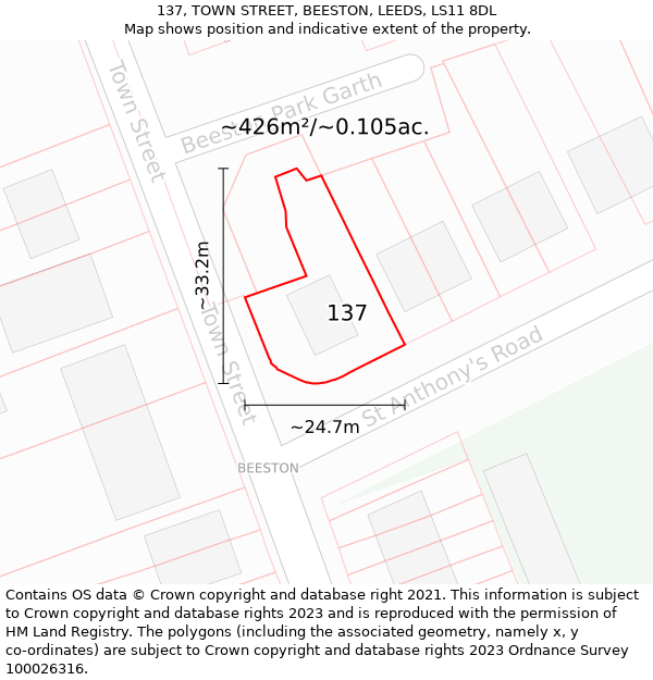 137, TOWN STREET, BEESTON, LEEDS, LS11 8DL: Plot and title map