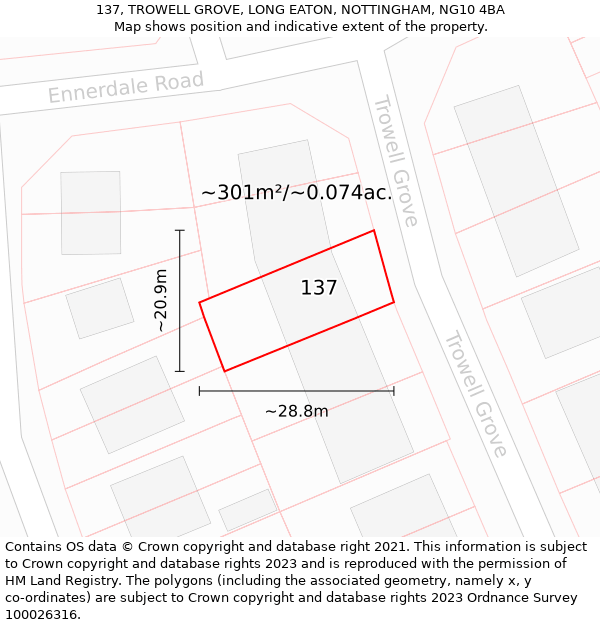 137, TROWELL GROVE, LONG EATON, NOTTINGHAM, NG10 4BA: Plot and title map