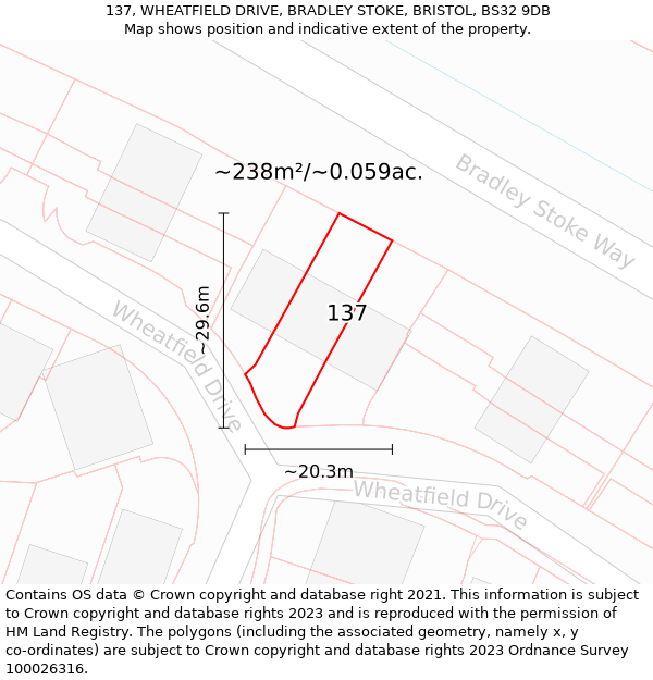 137, WHEATFIELD DRIVE, BRADLEY STOKE, BRISTOL, BS32 9DB: Plot and title map