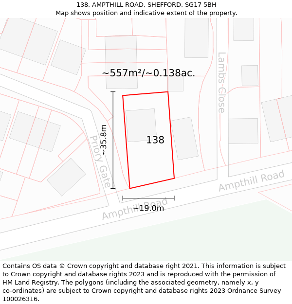 138, AMPTHILL ROAD, SHEFFORD, SG17 5BH: Plot and title map