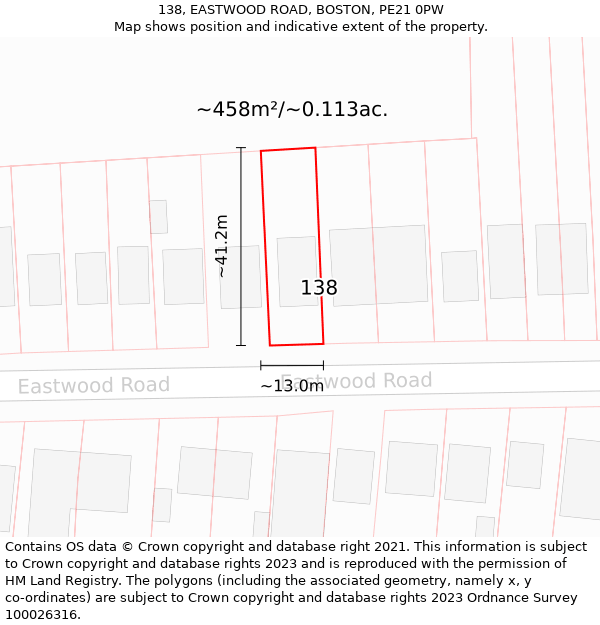 138, EASTWOOD ROAD, BOSTON, PE21 0PW: Plot and title map